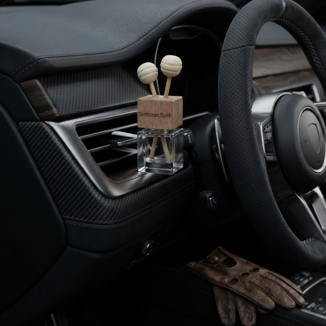 Prémium minőségű Gentleman Spirit pálcás autós illatosító fából készült kupakkal, sportos és elegáns autóbelsőben, szellőzőrácsra csíptetve.